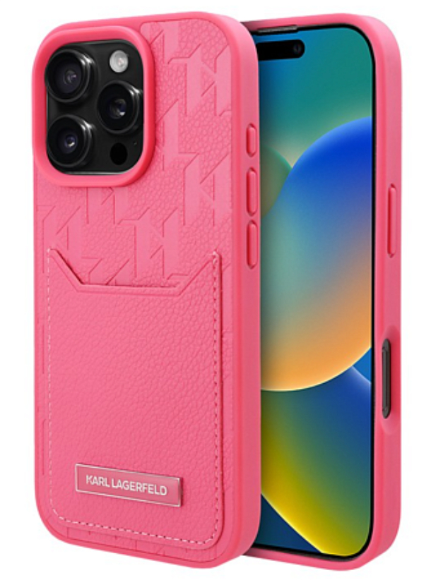Чехол Lagerfeld для iPhone 16 Pro Max, Картслот PU Grained Monogram with Pocket, Фуксия