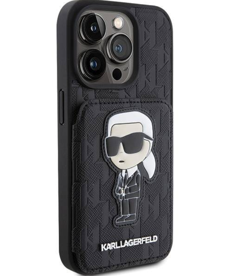 Чехол Lagerfeld для iPhone 15 Pro, Слот для карт PU Saffiano Monogram, Черный