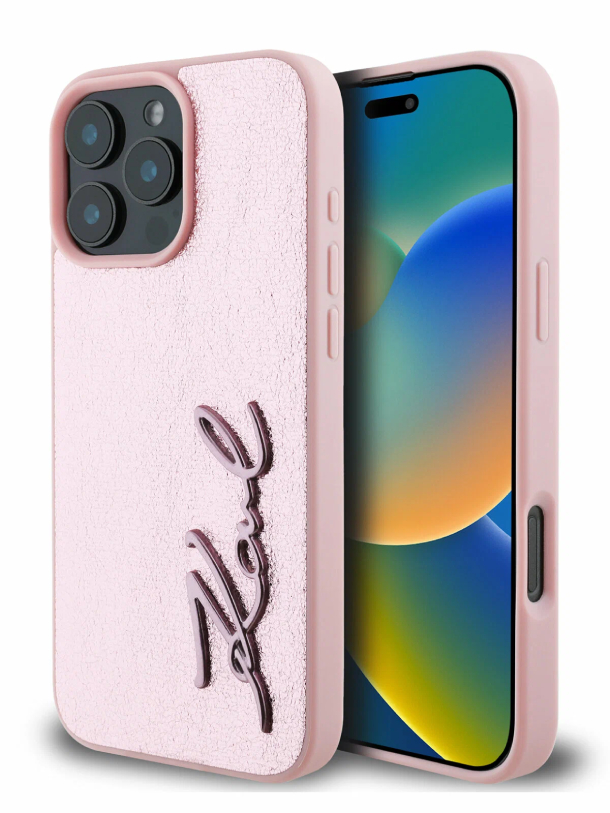 Чехол Lagerfeld для iPhone 16 Pro, PU Wrinkled Signature металлический логотип, Розовый