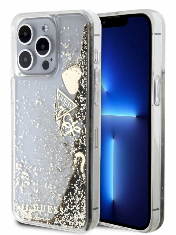 Чехол Guess для iPhone 15 Pro Max, Liquid Glitter Hard Hearts, Золотой