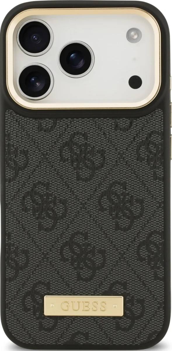 Чехол Guess iPhone 17 Pro PU 4G Plate metal logo and Gold camera Hard Black, Magsafe, Черный