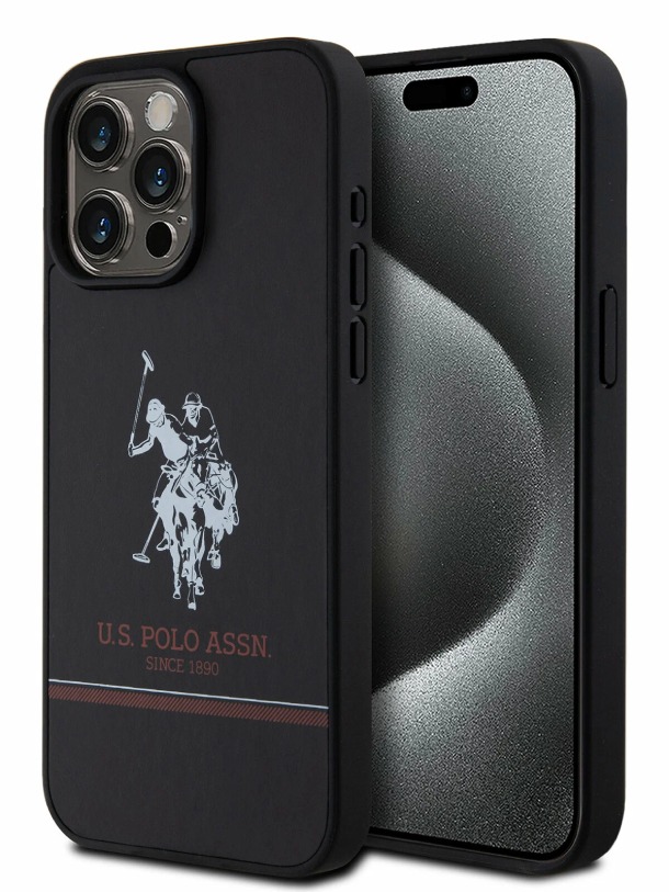 Чехол U.S. Polo для iPhone 15 Pro, PU Double horse logo and Stripes Hard, Черный