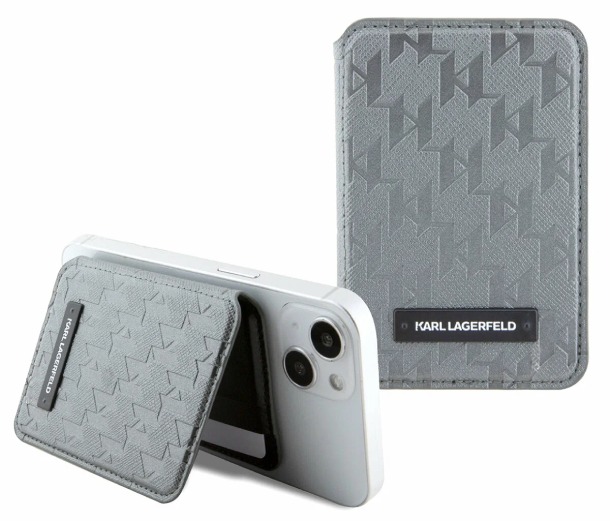 Чехол-бумажник Lagerfeld Wallet MagSafe Cardslot Stand Saffiano Monogram Plate logo, Серебряный