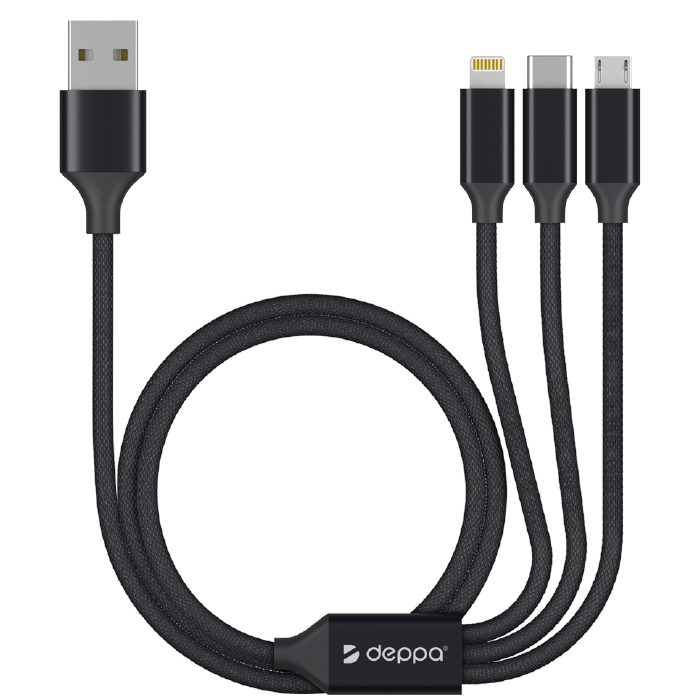 Deppa 3 в 1: micro USB, USB-C, Ligthning, Алюминий 1.2м, Черный