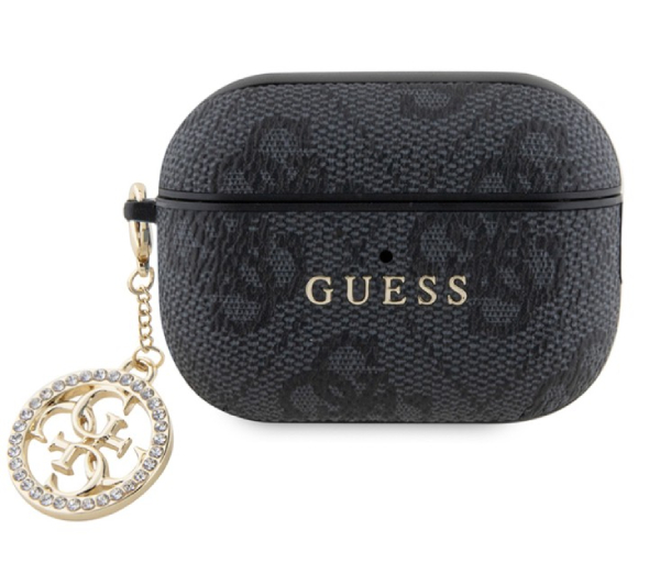 Чехол Guess для Airpods Pro 2 PU leather 4G с металическим логотипом Бриллиантовый шарм, Черный