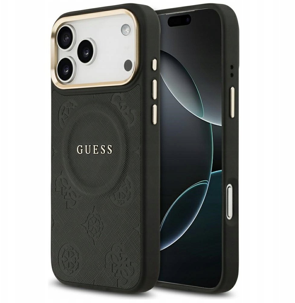 Чехол Guess iPhone 17 Pro Max PU Saffiano Peony Metal logo Gold camera Hard Black, MagSafe, Черный