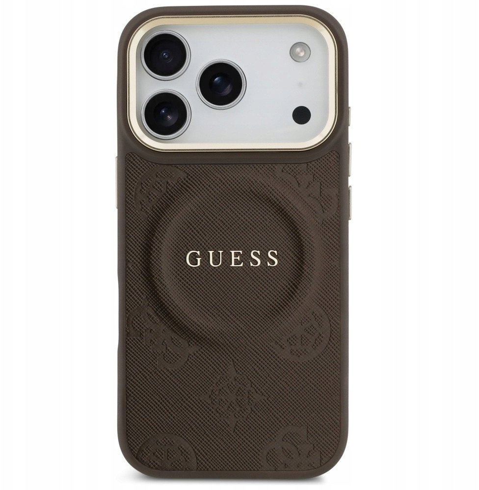 Чехол Guess iPhone 17 Pro PU Saffiano Peony Metal logo Gold camera Hard Brown, Magsafe, Коричневый