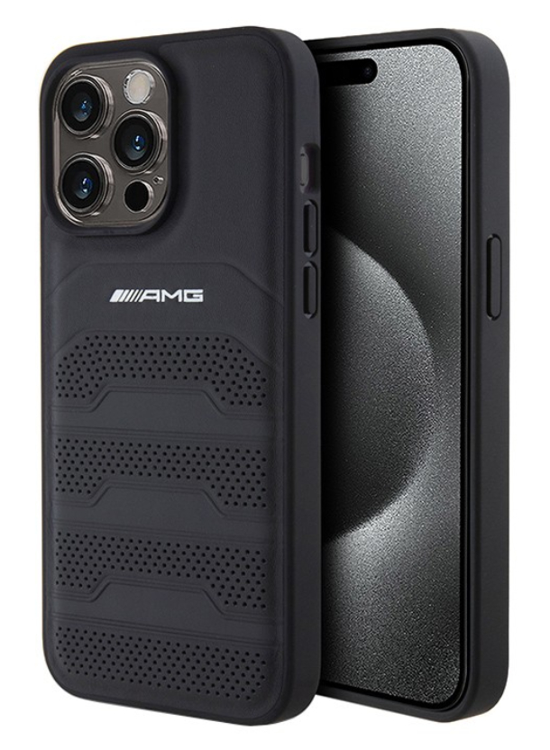 Чехол AMG для iPhone 15 Pro Max, Линии с отделкой из кожи, Черный