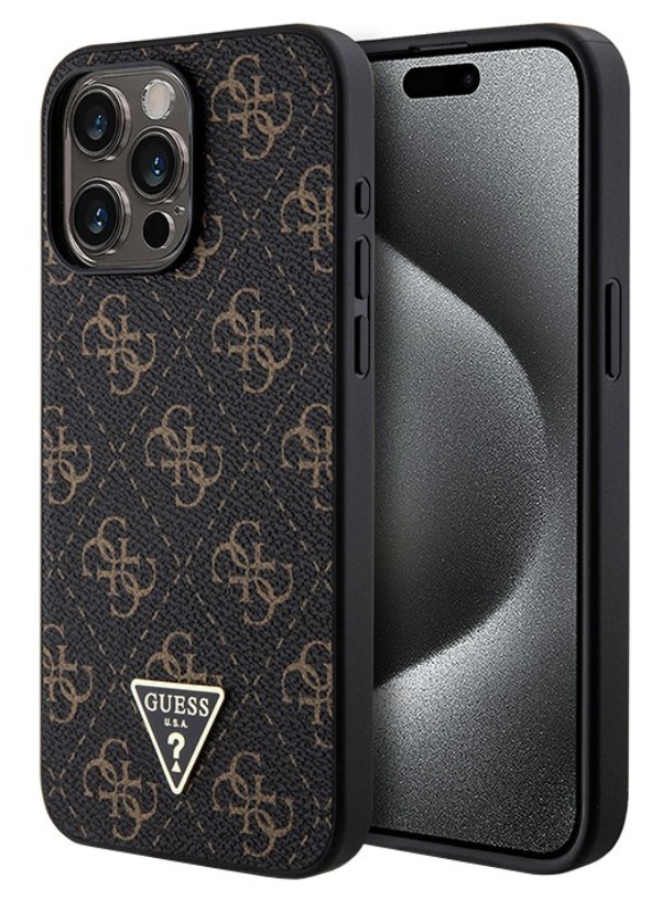 Чехол Guess для iPhone 15 Pro Max, PU 4G Gold pattern Triangle metal logo Hard, Черный