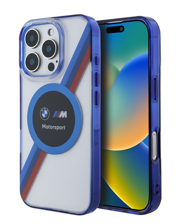 Чехол BMW для iPhone 16 Pro, Motorsport PC/TPU Круг и триколор MagSafe, Прозрачный 