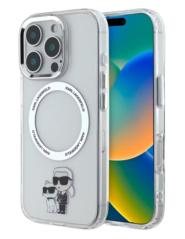 Чехол Lagerfeld для iPhone 16 Pro, PC/TPU NFT Karl & Choupette Металлическое кольцо MagSafe, Прозрачный