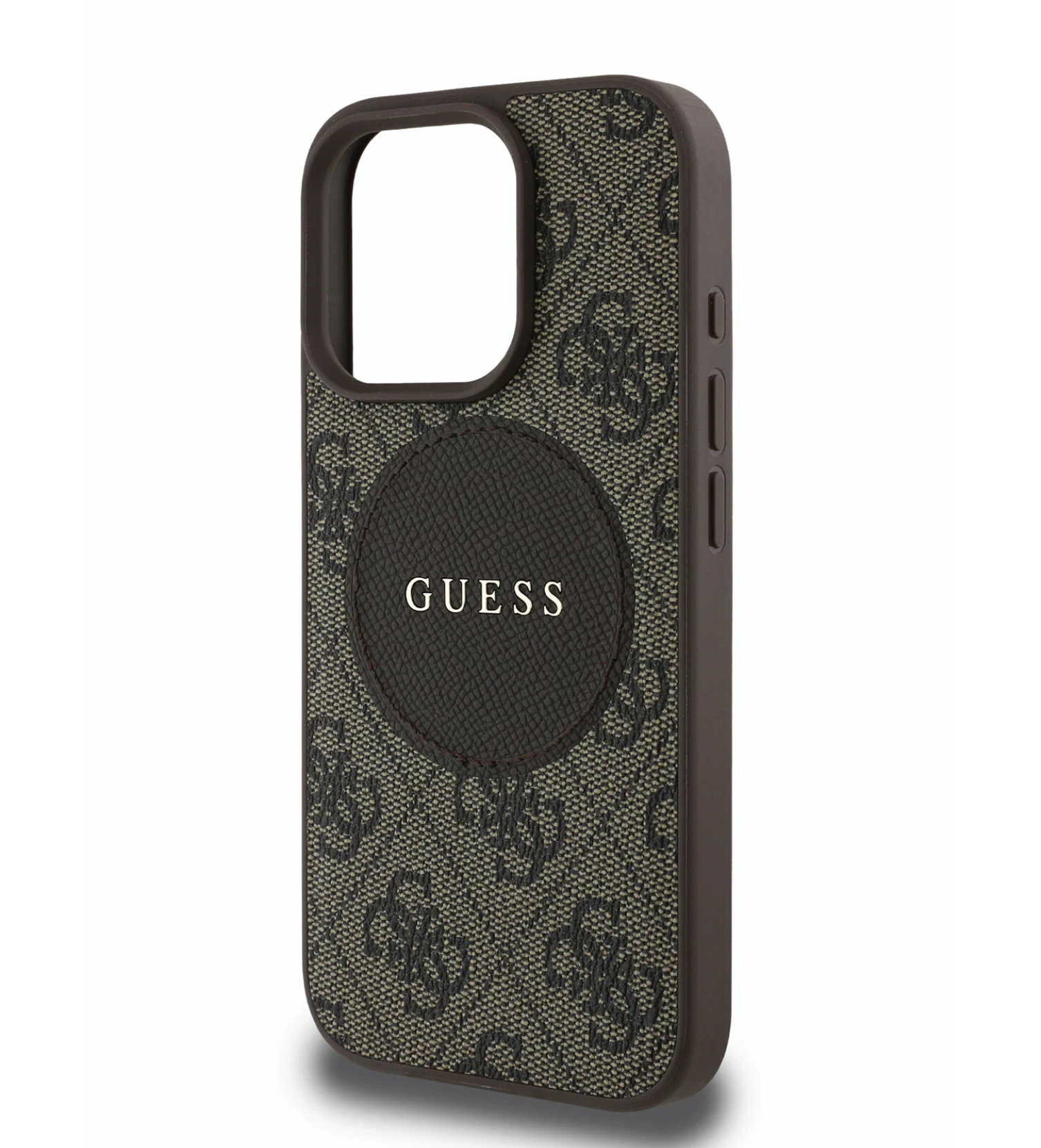 Чехол Guess PU 4G with Round Patch Metal logo Hard с MagSafe для iPhone 16 Pro, Коричневый