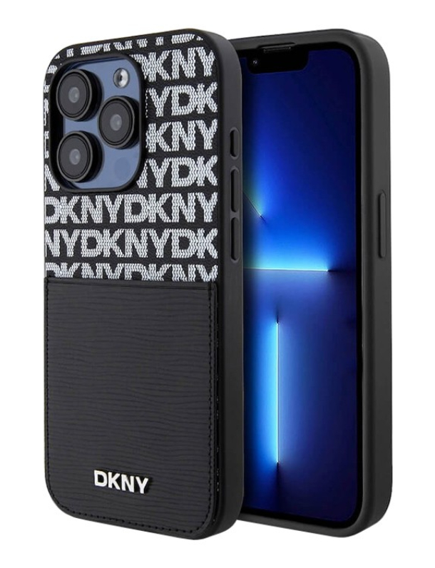 Чехол DKNY для iPhone 15 Pro Max PU Повторяющаяся текстура с металлическим логотипом Cardslot, Черный