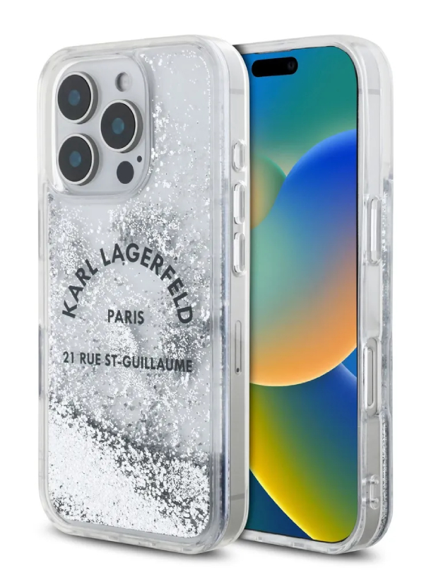 Чехол Lagerfeld для iPhone 16 Pro Max, Glitter RSG логотип, Серебристый