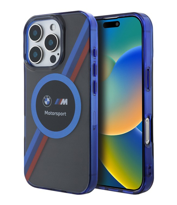 Чехол BMW для iPhone 16 Pro, Motorsport PC/TPU Круг и триколор MagSafe, Черный 