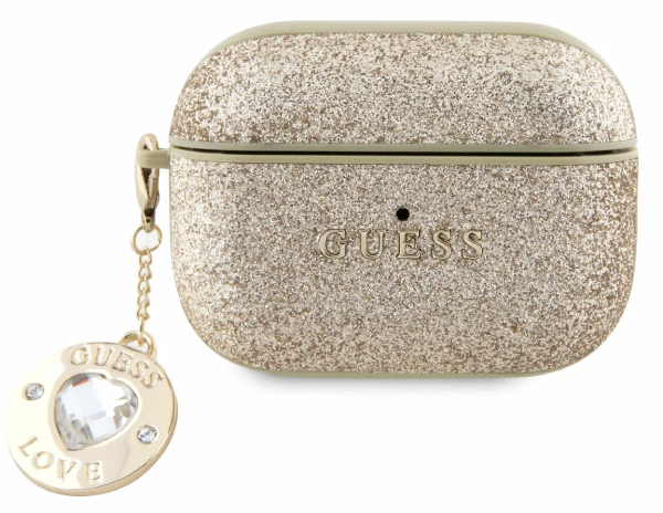 Чехол Guess для Airpods Pro 2 Фиксированные блестки с бриллиантовым сердечком-шармом, Золотой