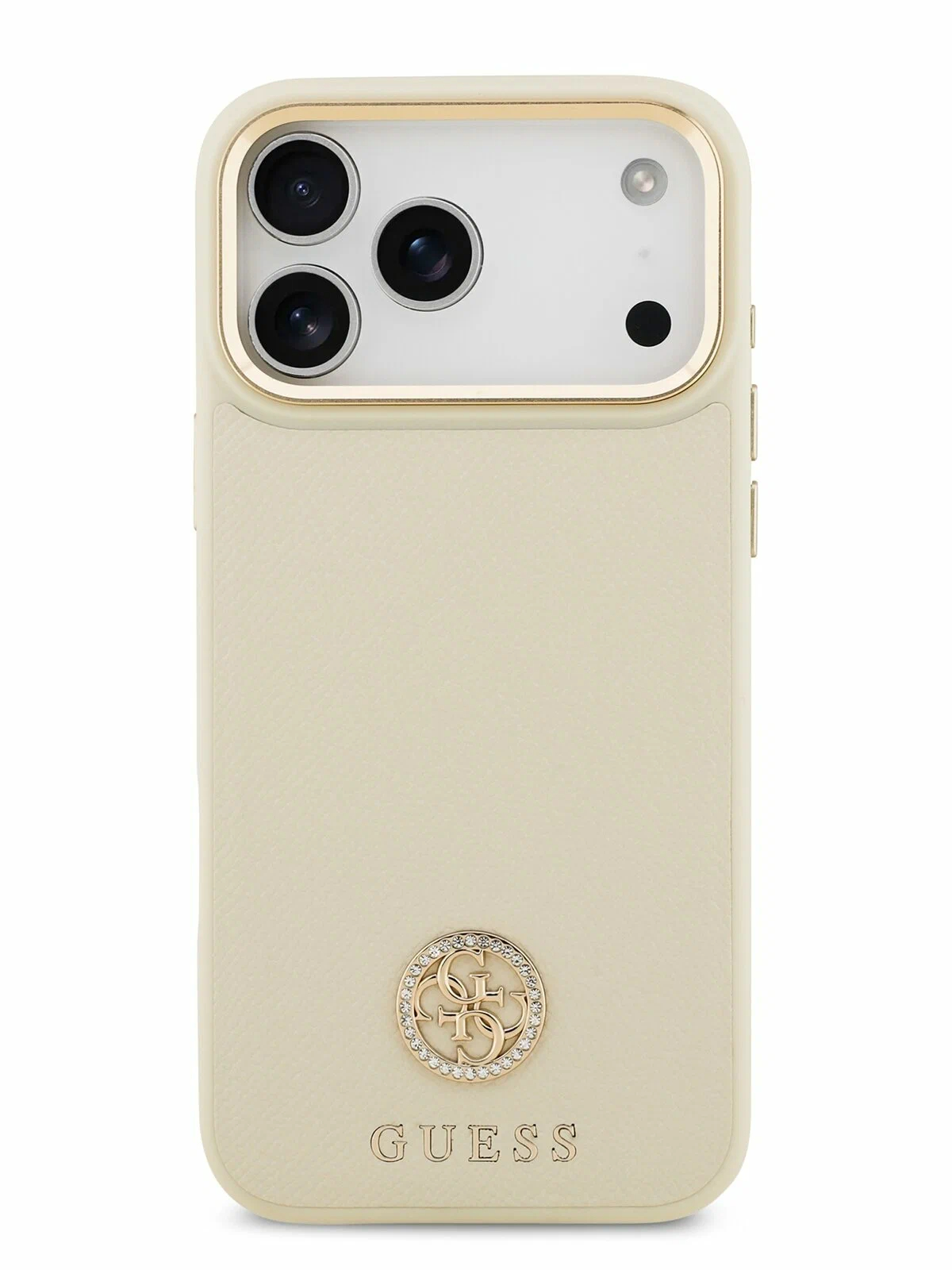 Чехол Guess для iPhone 17 Pro PU Grained 4G Diamond metal logo Gold camera, MagSafe, Бежевый