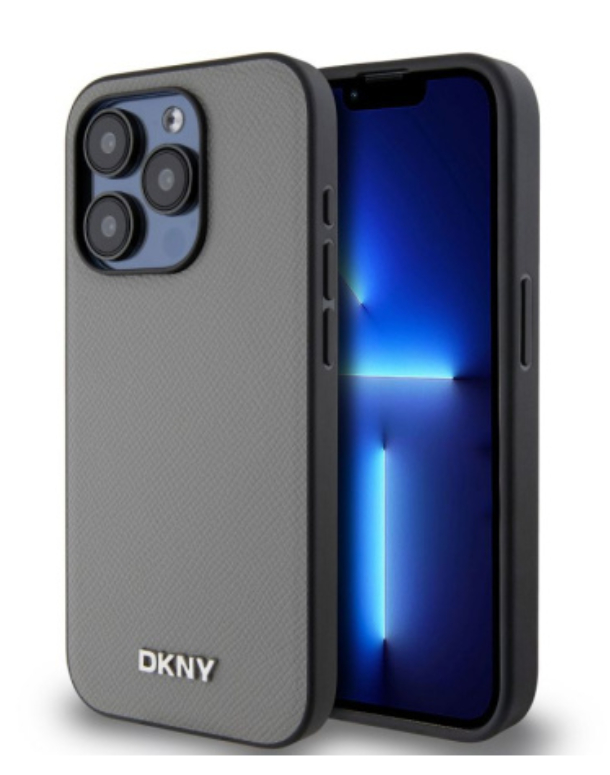 Чехол DKNY для iPhone 15 Pro Max PU MagSafe Зернистый металлический логотип , Серый