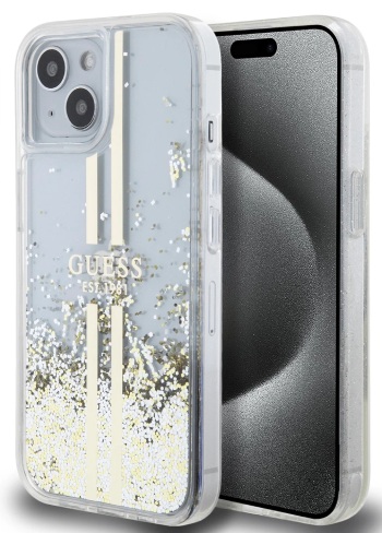 Чехол Guess для iPhone 15, Liquid Glitter Gold Stripes Hard, Прозрачный
