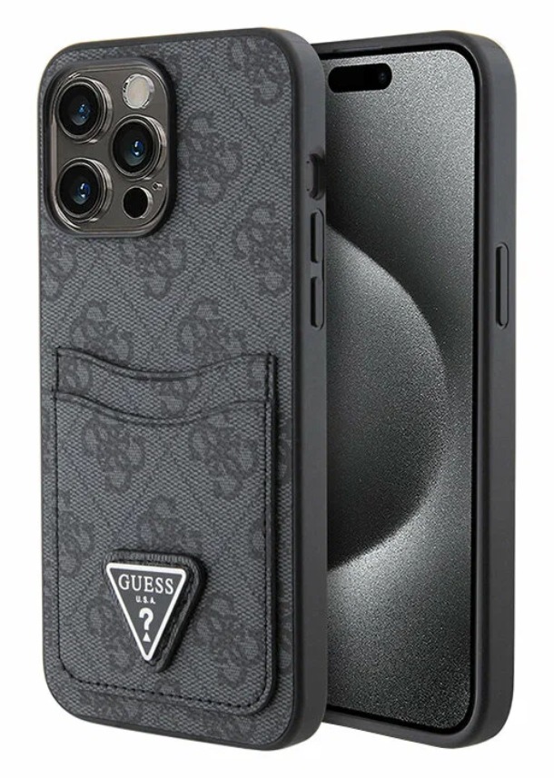 Чехол Guess для iPhone 15 Pro Max, PU 4G Double cardslot Triangle металлический логотип, Черный