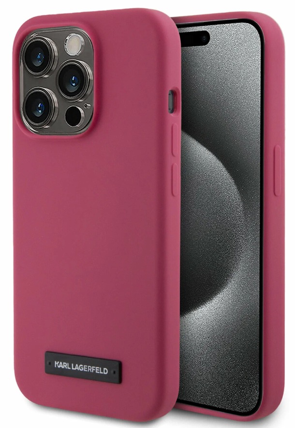 Чехол Lagerfeld для iPhone 15 Pro, Силикон Metal plate logo Hard MagSafe, Фуксия