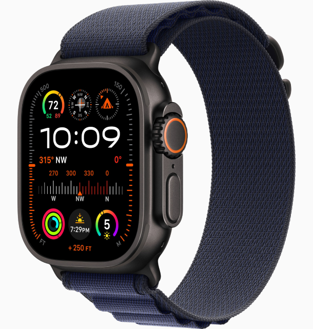 Apple Watch Ultra 2, 2024, GPS, 49 мм, корпус из черного титана, ремешок Alpine темно-синего цвета, размер М, MYPX3