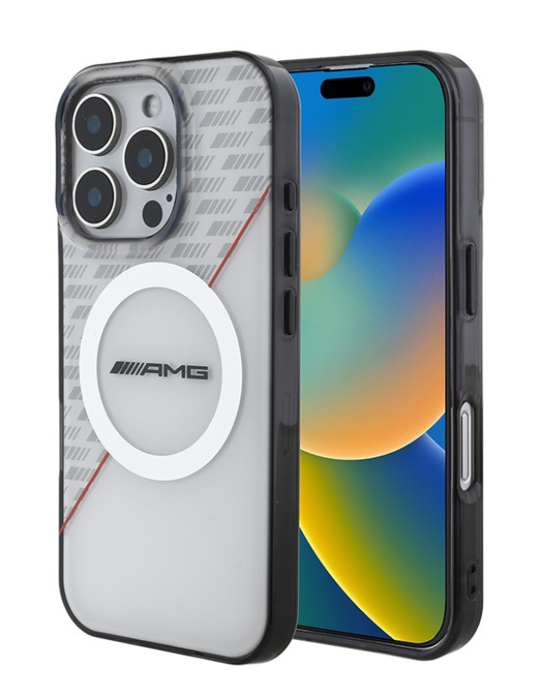 Чехол AMG для iPhone 16 Pro, PC/TPU Двухслойные ромбы MagSafe, Белый/Красный
