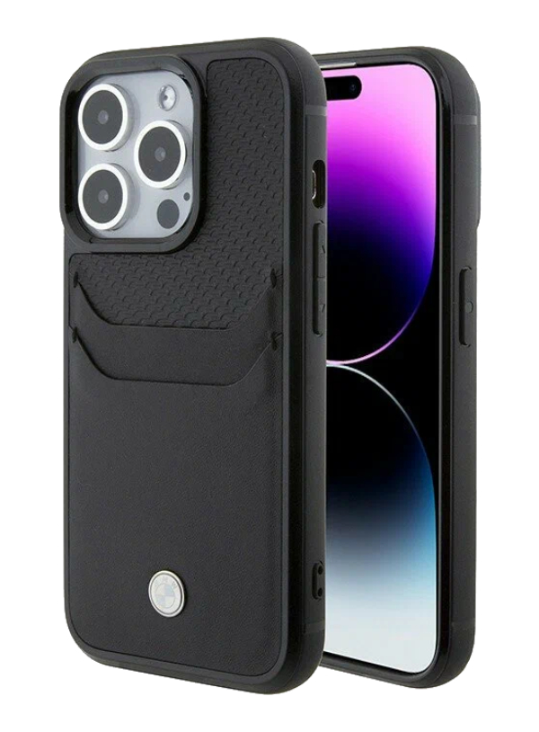 Чехол BMW для iPhone 15 Pro, Фирменная кожа с прорезью для карт памяти, Чёрный