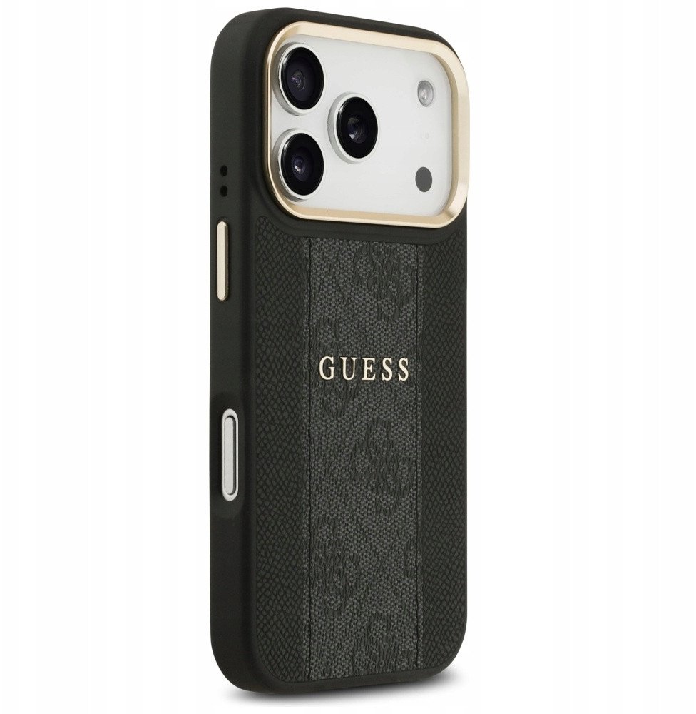 Чехол Guess iPhone 17 Pro чехол PU 4G Stripe Classic metal logo Gold camera Hard Black, Magsafe, Черный