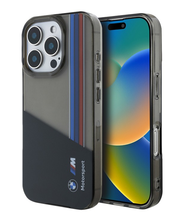 Чехол BMW для iPhone 16 Pro, Motorsport PC/TPU Триколор вертикальные линии, Черный