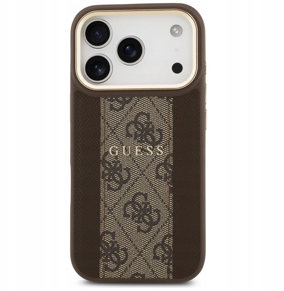 Чехол Guess iPhone 17 Pro PU 4G Stripe Classic metal logo Gold camera Hard Brown, Magsafe, Коричневый