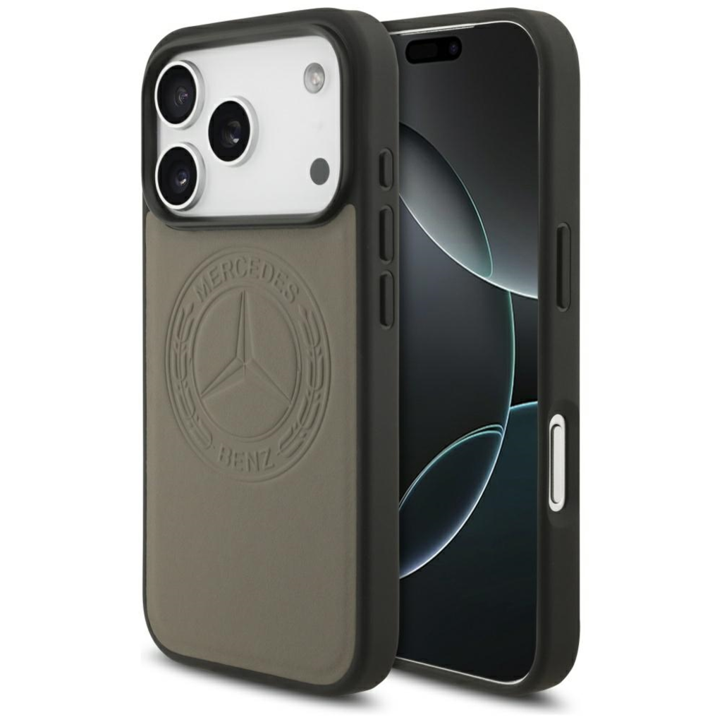 Чехол Mercedes iPhone 17 Pro Leather Vintage Round Debossed Logo Hard Taupe, Magsafe, Коричневый