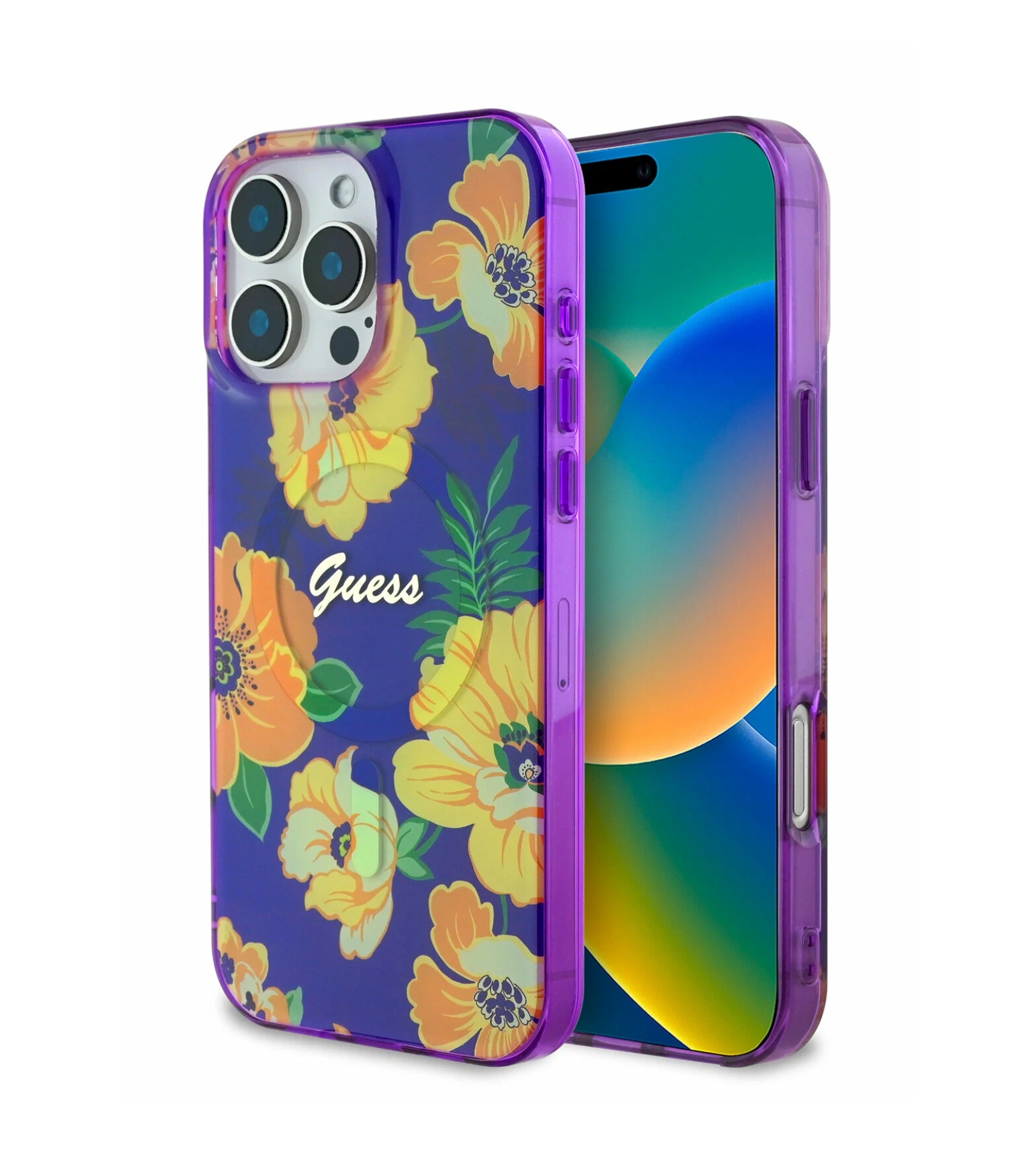 Чехол Guess PC/TPU Flowers Invisible Ring (MagSafe) для iPhone 16 Pro Max, Желтый