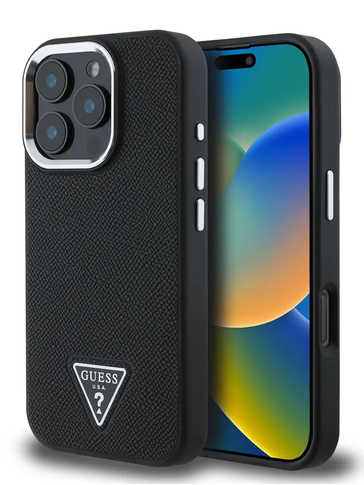 Чехол Guess для iPhone 16 Pro PU Grained leather Triangle metal logo, MagSafe, Черный