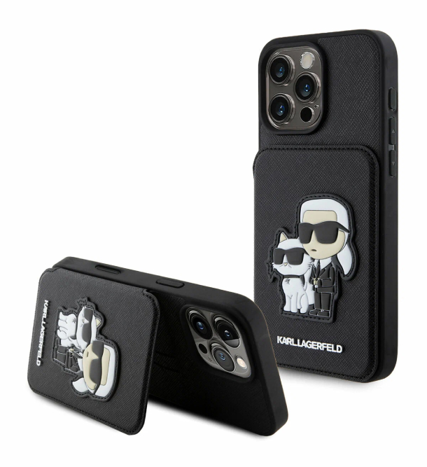 Чехол Lagerfeld для iPhone 16 Pro Max, Картслот Stand PU Saffiano NFT Karl & Choupette Hard, Черный