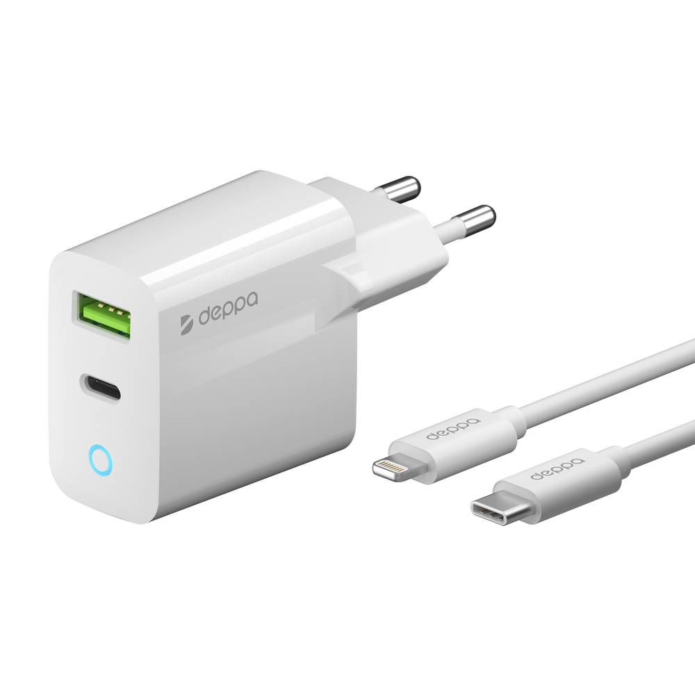 Deppa USB-A/USB-C + кабель USB-C – Lightning MFI 20W, Белый