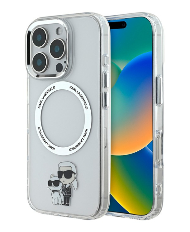 Чехол Lagerfeld для iPhone 16 Pro Max, PC/TPU NFT Karl & Choupette Metal ring Hard MagSafe, Прозрачный