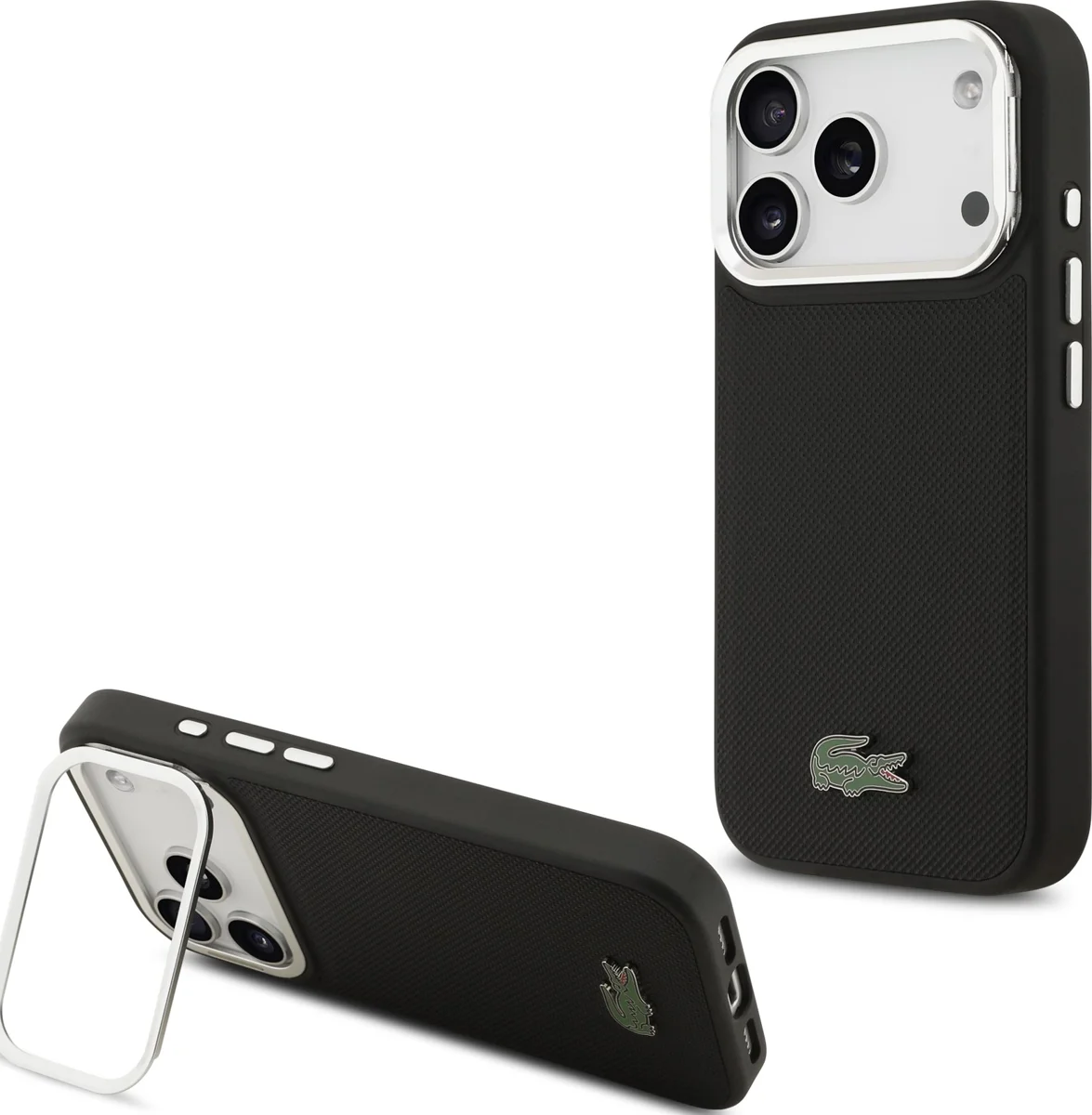 Чехол Lacoste iPhone 17 Pro Max чехол PVC Metal Lacquer logo with Camera Stand Hard Black, MagSafe, Черный