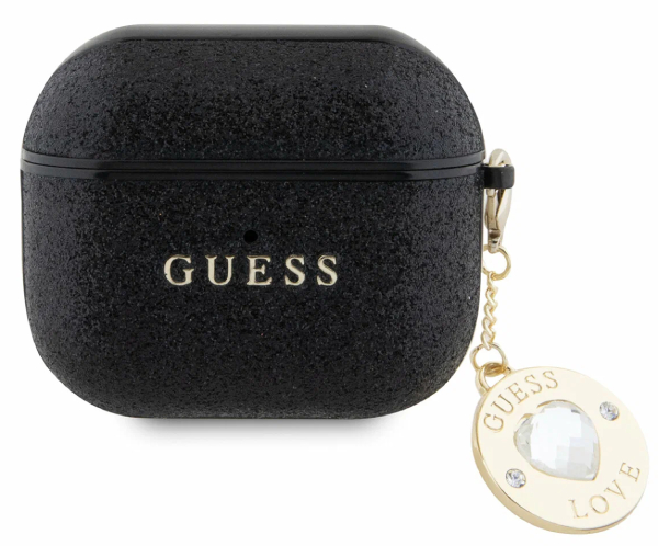 Чехол Guess для Airpods 3, Фиксированные блестки с бриллиантовым сердечком-шармом, Чёрный