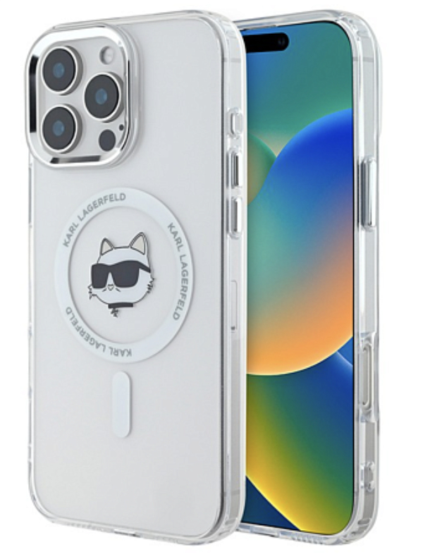 Чехол Lagerfeld для iPhone 16 Pro Max, PC/TPU NFT Choupette Head Metal camera Hard MagSafe, Белый