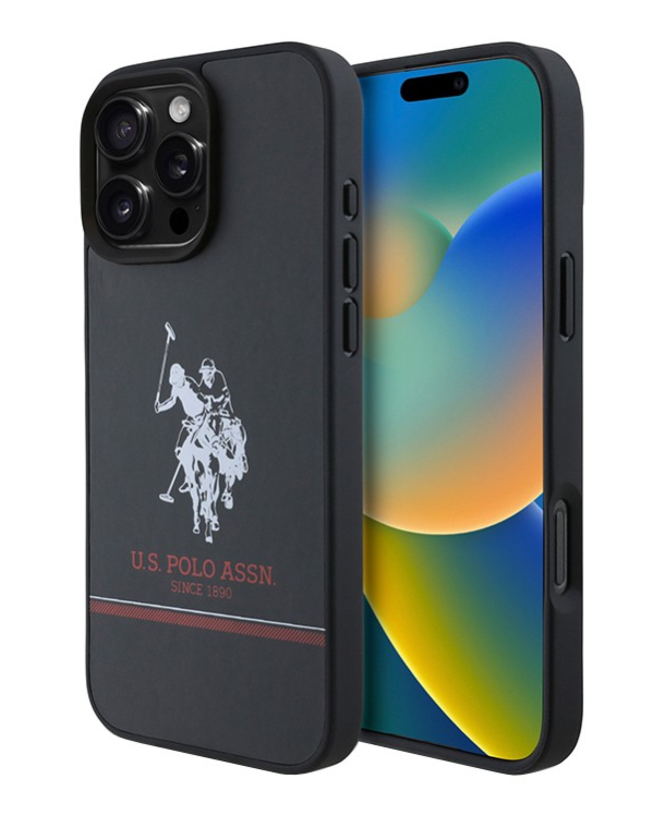 Чехол U.S. Polo для iPhone 16 Pro Max, PU Логотип с изображением лошади и нашивки, Черный