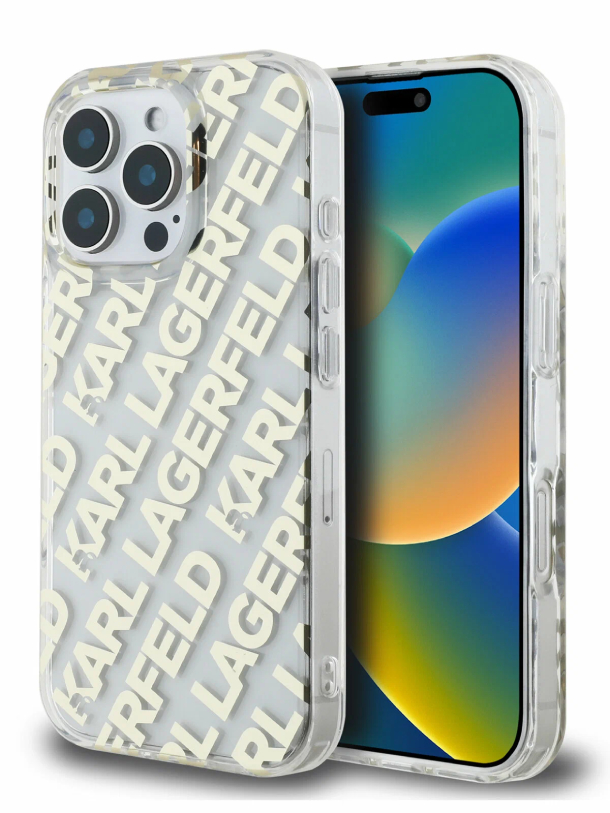 Чехол Lagerfeld для iPhone 16 Pro Max, PC/TPU Repeat Logo Hard, Прозрачный/Золотой