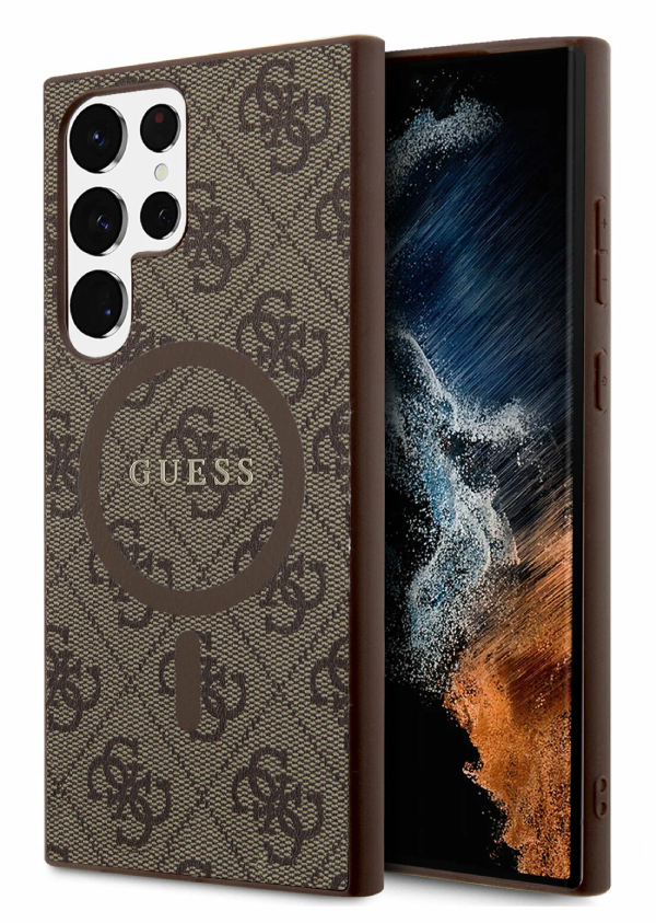 Чехол Guess для Samsung Galaxy S24 Ultra, PU 4G Цветное кольцо с металлическим логотипом MagSafe, Коричневый