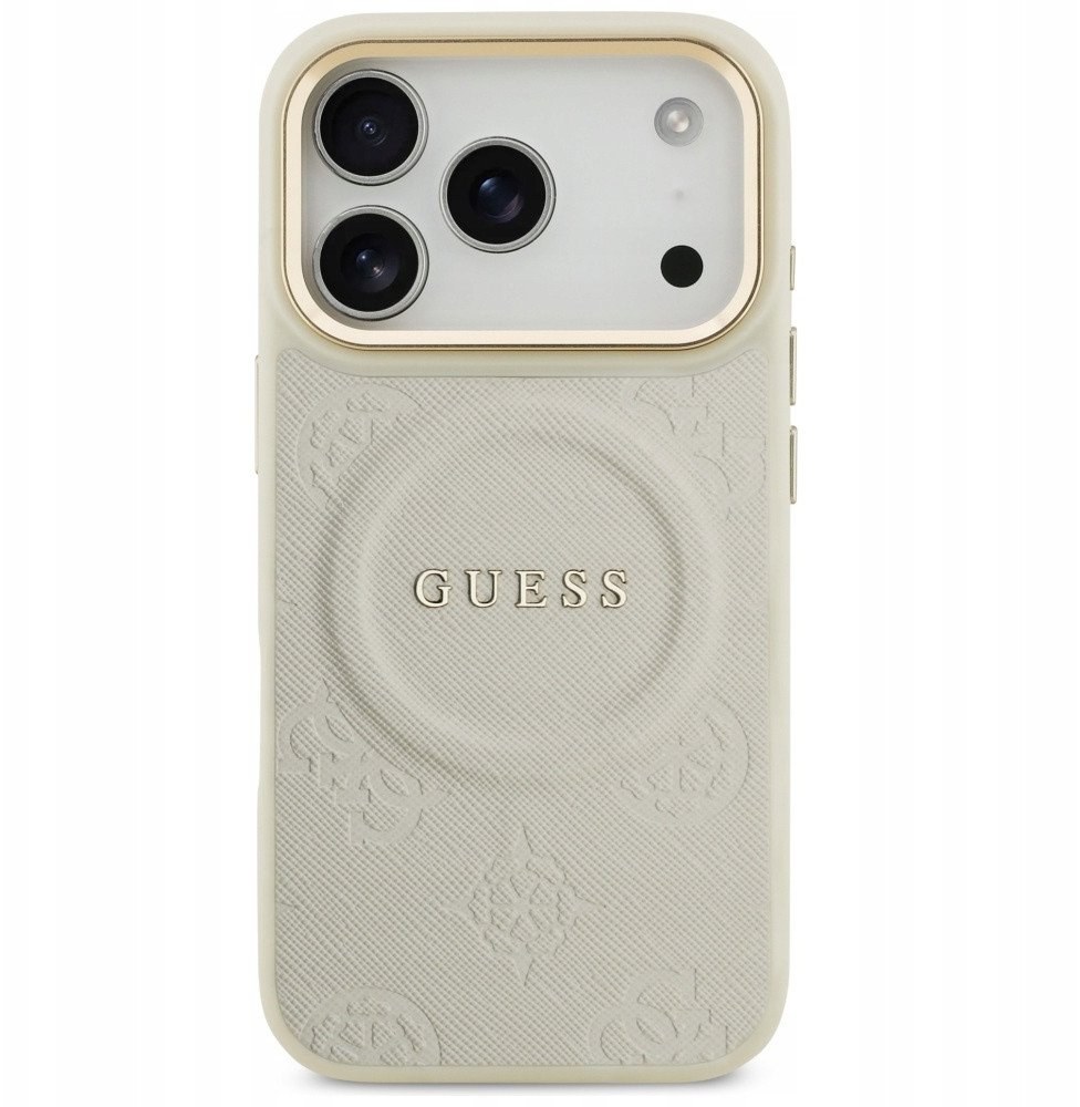 Чехол Guess iPhone 17 Pro PU Saffiano Peony Metal logo Gold camera Hard Beige, Magsafe, Бежевый
