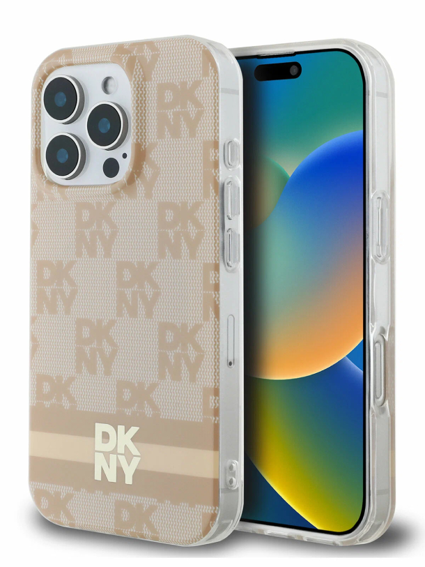 Чехол DKNY для  iPhone 16 Pro, PC/TPU MagSafe Клетчатый принт в полоску, Розовый