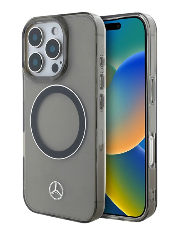 Чехол Mercedes для iPhone 16 Pro Max, PC/TPU Прозрачный с серебряным кольцом MagSafe, Черный