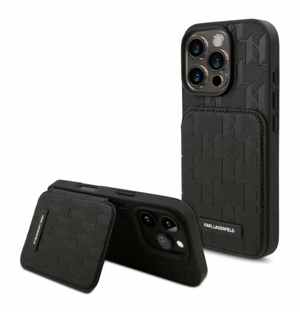 Чехол Lagerfeld для iPhone 16 Pro Max, Картслот Stand PU Saffiano Monogram Plate logo Hard, Черный