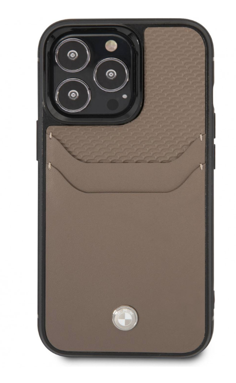 Чехол BMW для iPhone 14 Pro Max, Кожа со слотом для карт, Коричневый