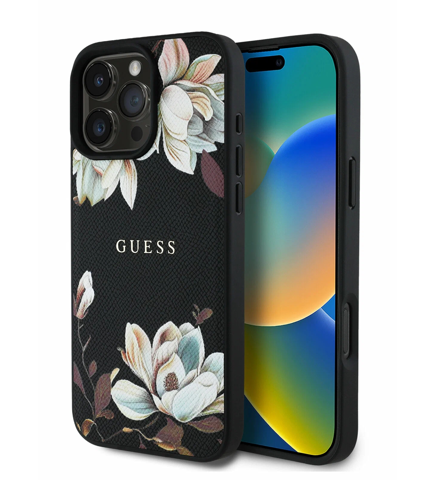Чехол Guess PU Grained leather Flowers Metal logo Hard с MagSafe для iPhone 16 Pro Max, Черный