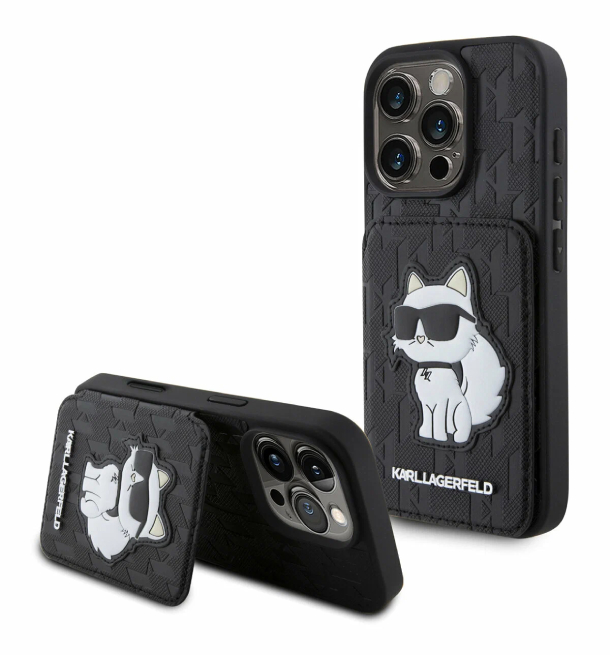 Чехол Lagerfeld для iPhone 16 Pro Max, Картслот Stand PU Saffiano Monogram NFT Choupette, Черный